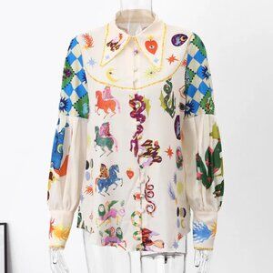 Zara-Style Inspired Celestial Print Puff Sleeve Shirt – Size XL